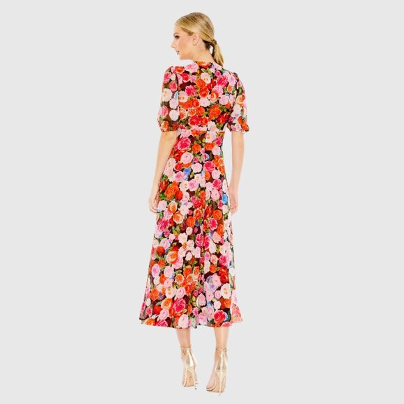 NWT Mac Duggal Multicolor Floral Front Tie Puff Sleeve Flowy Dress 6 #A0539-40 - Picture 4 of 8